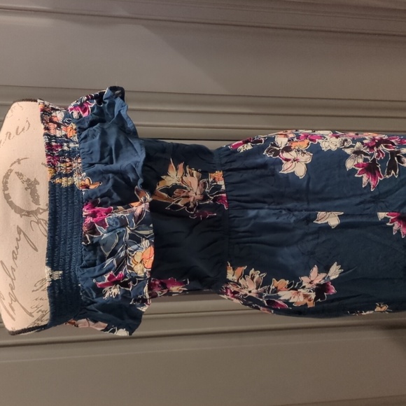 off the shoulder dark teal floral dress with front right slit and pockets - Picture 3 of 4